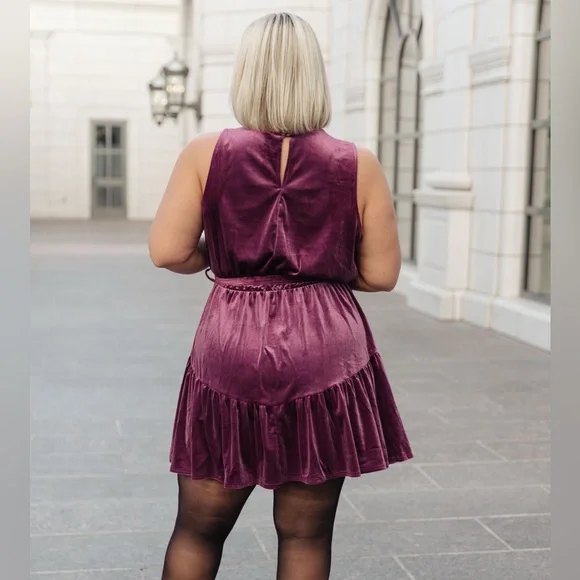 Velvet Mock Neck Tie Waist Dress | Plum Holiday Party Mini Dress - Picture 4 of 7